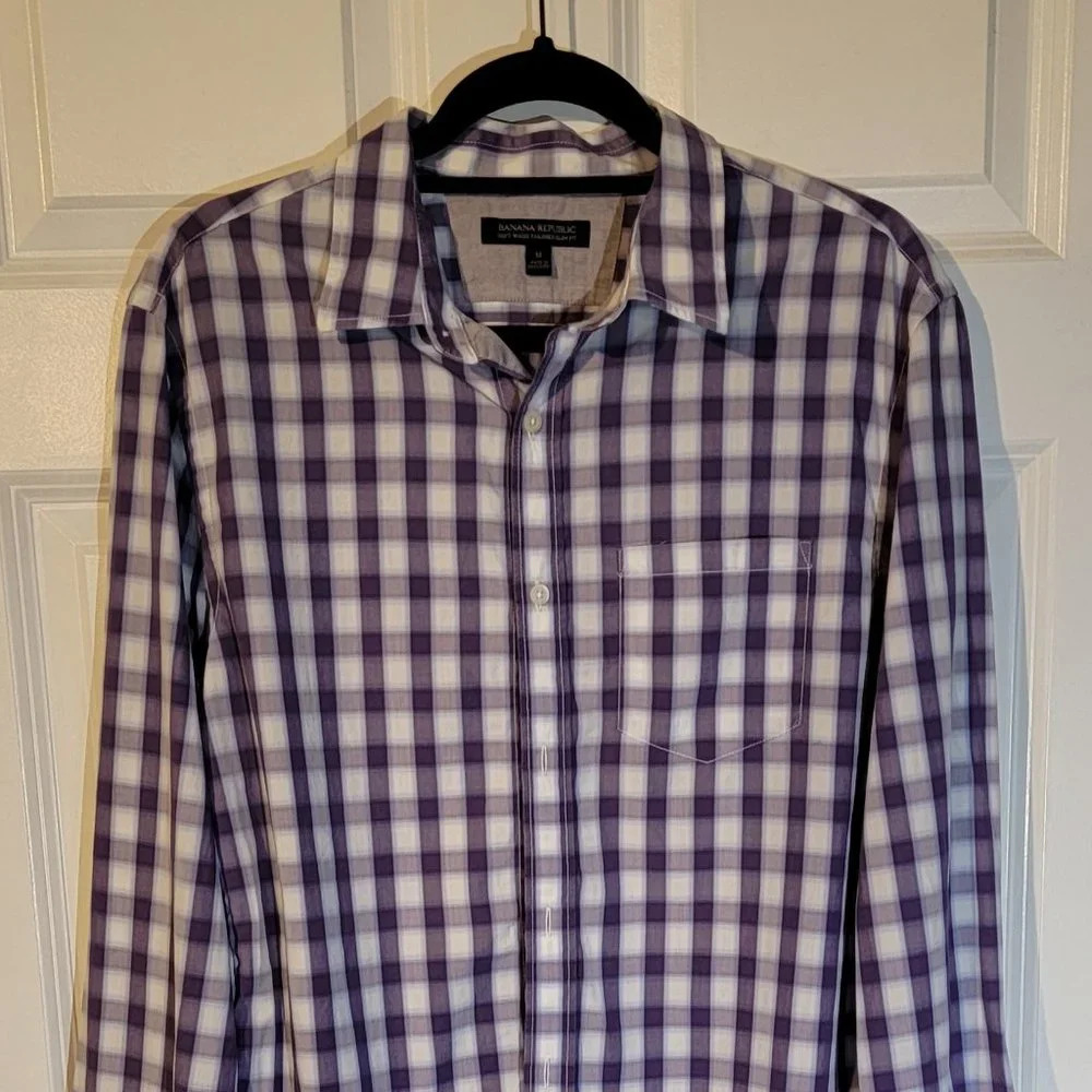 Banana Republic Shirt Men's M Purple Gray White Check Long Sleeve Button-Up